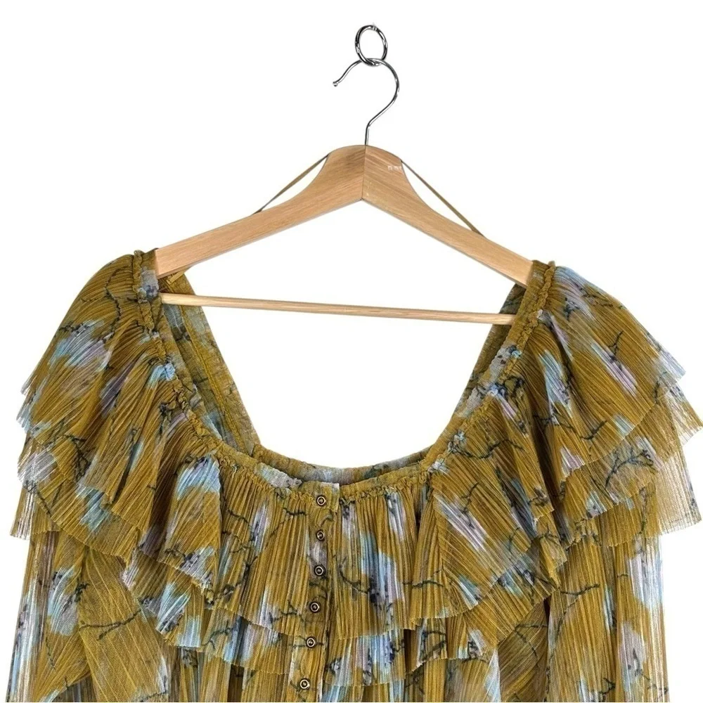 FREE PEOPLE FRILLS AND THRILLS RUFFLED TIERED SHEER FLORAL LONG SLEEVE CROP TOP